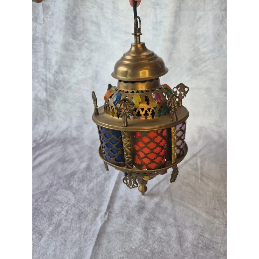 Vintage Moroccan Hanging Lamp Boho Swag Light Pierced Metal Color Glass